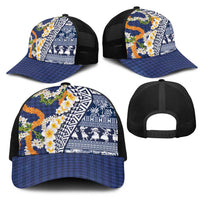 Hawaiian Plumeria Lei Mesh Trucker Cap Kakau Motifs and Palaka Half Style Blue Color - Polynesian Pride