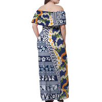 Hawaiian Plumeria Lei Off Shoulder Maxi Dress Kakau Motifs and Palaka Half Style Blue Color LT03 - Polynesian Pride