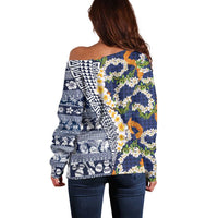 Hawaiian Plumeria Lei Off Shoulder Sweater Kakau Motifs and Palaka Half Style Blue Color LT03 - Polynesian Pride