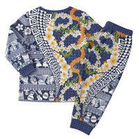 Hawaiian Plumeria Lei Christmas Pajama Set Kakau Motifs and Palaka Half Style Blue Color LT03 - Polynesian Pride