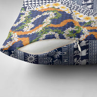 Hawaiian Plumeria Lei Pillow Cover Kakau Motifs and Palaka Half Style Blue Color LT03 - Polynesian Pride