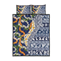 Hawaiian Plumeria Lei Quilt Bed Set Kakau Motifs and Palaka Half Style Blue Color LT03 - Polynesian Pride