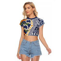 Hawaiian Plumeria Lei Raglan Cropped T Shirt Kakau Motifs and Palaka Half Style Blue Color LT03 Female Blue - Polynesian Pride