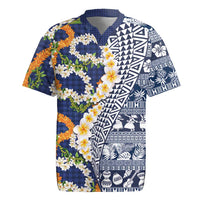 Hawaiian Plumeria Lei Rugby Jersey Kakau Motifs and Palaka Half Style Blue Color LT03 Blue - Polynesian Pride