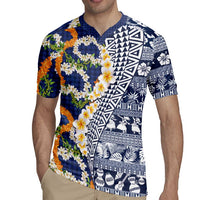 Hawaiian Plumeria Lei Rugby Jersey Kakau Motifs and Palaka Half Style Blue Color LT03 - Polynesian Pride