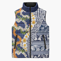 Hawaiian Plumeria Lei Sleeveless Puffer Jacket Kakau Motifs and Palaka Half Style Blue Color LT03 Unisex Blue - Polynesian Pride