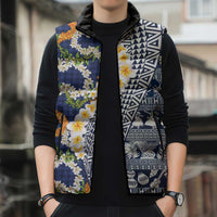Hawaiian Plumeria Lei Sleeveless Puffer Jacket Kakau Motifs and Palaka Half Style Blue Color LT03 - Polynesian Pride