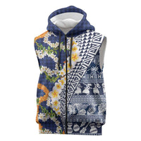 Hawaiian Plumeria Lei Sleeveless Zip Hoodie Kakau Motifs and Palaka Half Style Blue Color LT03 Blue - Polynesian Pride