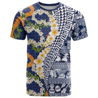 Hawaiian Plumeria Lei T Shirt Kakau Motifs and Palaka Half Style Blue Color LT03 Blue - Polynesian Pride