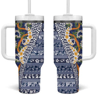 Hawaiian Plumeria Lei Tumbler With Handle Kakau Motifs and Palaka Half Style Blue Color LT03 One Size: 40 oz Blue - Polynesian Pride