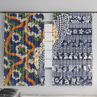Hawaiian Plumeria Lei Window Curtain Kakau Motifs and Palaka Half Style Blue Color LT03 With Hooks Blue - Polynesian Pride