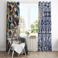 Hawaiian Plumeria Lei Window Curtain Kakau Motifs and Palaka Half Style Blue Color LT03 - Polynesian Pride