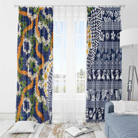 Hawaiian Plumeria Lei Window Curtain Kakau Motifs and Palaka Half Style Blue Color LT03 - Polynesian Pride