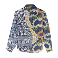 Hawaiian Plumeria Lei Women Casual Shirt Kakau Motifs and Palaka Half Style Blue Color LT03 - Polynesian Pride