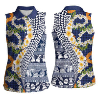 Hawaiian Plumeria Lei Women Sleeveless Polo Shirt Kakau Motifs and Palaka Half Style Blue Color LT03 - Polynesian Pride