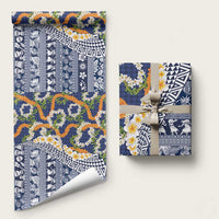 Hawaiian Plumeria Lei Wrapping Paper Kakau Motifs and Palaka Half Style Blue Color LT03 58" × 23" Blue - Polynesian Pride