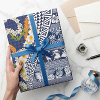 Hawaiian Plumeria Lei Wrapping Paper Kakau Motifs and Palaka Half Style Blue Color LT03 - Polynesian Pride