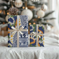 Hawaiian Plumeria Lei Wrapping Paper Kakau Motifs and Palaka Half Style Blue Color LT03 - Polynesian Pride