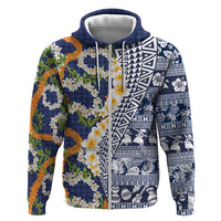 Hawaiian Plumeria Lei Zip Hoodie Kakau Motifs and Palaka Half Style Blue Color LT03 Zip Hoodie Blue - Polynesian Pride