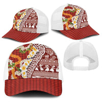 Hawaiian Plumeria Lei Baseball Net Cap Kakau Motifs and Palaka Half Style Red Color - Polynesian Pride