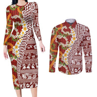 Hawaiian Plumeria Lei Couples Matching Long Sleeve Bodycon Dress and Long Sleeve Button Shirt Kakau Motifs and Palaka Half Style Red Color LT03 Red - Polynesian Pride