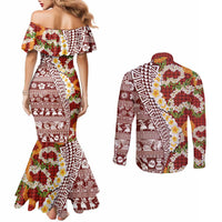 Hawaiian Plumeria Lei Couples Matching Mermaid Dress and Long Sleeve Button Shirt Kakau Motifs and Palaka Half Style Red Color LT03 - Polynesian Pride