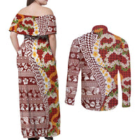 Hawaiian Plumeria Lei Couples Matching Off Shoulder Maxi Dress and Long Sleeve Button Shirt Kakau Motifs and Palaka Half Style Red Color LT03 - Polynesian Pride