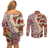 Hawaiian Plumeria Lei Couples Matching Off Shoulder Short Dress and Long Sleeve Button Shirt Kakau Motifs and Palaka Half Style Red Color LT03 - Polynesian Pride