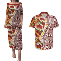 Hawaiian Plumeria Lei Couples Matching Puletasi and Hawaiian Shirt Kakau Motifs and Palaka Half Style Red Color LT03 Red - Polynesian Pride