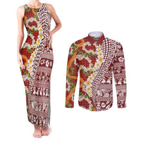 Hawaiian Plumeria Lei Couples Matching Tank Maxi Dress and Long Sleeve Button Shirt Kakau Motifs and Palaka Half Style Red Color LT03 Red - Polynesian Pride