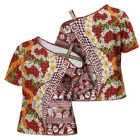 Hawaiian Plumeria Lei Cross Shoulder Shirt Kakau Motifs and Palaka Half Style Red Color LT03 - Polynesian Pride