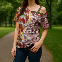 Hawaiian Plumeria Lei Cross Shoulder Shirt Kakau Motifs and Palaka Half Style Red Color LT03 - Polynesian Pride