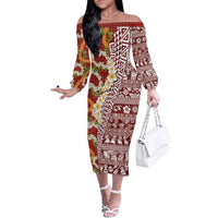 Hawaiian Plumeria Lei Family Matching Off The Shoulder Long Sleeve Dress and Hawaiian Shirt Kakau Motifs and Palaka Half Style Red Color LT03 Mom's Dress Red - Polynesian Pride