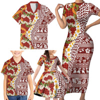 Hawaiian Plumeria Lei Family Matching Short Sleeve Bodycon Dress and Hawaiian Shirt Kakau Motifs and Palaka Half Style Red Color LT03 - Polynesian Pride