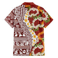 Hawaiian Plumeria Lei Family Matching Short Sleeve Bodycon Dress and Hawaiian Shirt Kakau Motifs and Palaka Half Style Red Color LT03 - Polynesian Pride