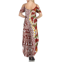Hawaiian Plumeria Lei Family Matching Summer Maxi Dress and Hawaiian Shirt Kakau Motifs and Palaka Half Style Red Color LT03 - Polynesian Pride