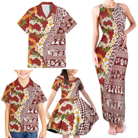 Hawaiian Plumeria Lei Family Matching Tank Maxi Dress and Hawaiian Shirt Kakau Motifs and Palaka Half Style Red Color LT03 - Polynesian Pride