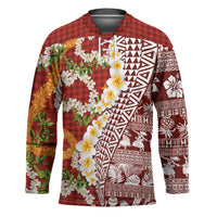 Hawaiian Plumeria Lei Hockey Jersey Kakau Motifs and Palaka Half Style Red Color LT03 Unisex Red - Polynesian Pride
