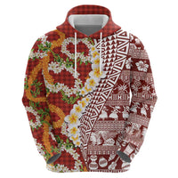 Hawaiian Plumeria Lei Hoodie Kakau Motifs and Palaka Half Style Red Color LT03 - Polynesian Pride