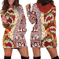 Hawaiian Plumeria Lei Hoodie Dress Kakau Motifs and Palaka Half Style Red Color LT03 - Polynesian Pride
