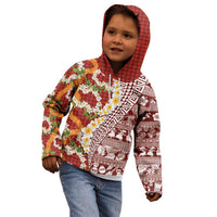 Hawaiian Plumeria Lei Kid Hoodie Kakau Motifs and Palaka Half Style Red Color LT03 - Polynesian Pride