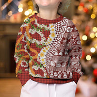 Hawaiian Plumeria Lei Kid Ugly Christmas Sweater Kakau Motifs and Palaka Half Style Red Color LT03 - Polynesian Pride