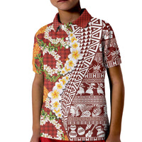 Hawaiian Plumeria Lei Kid Polo Shirt Kakau Motifs and Palaka Half Style Red Color LT03 Kid Red - Polynesian Pride