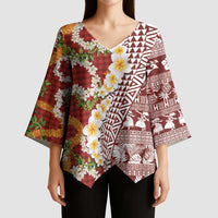 Hawaiian Plumeria Lei Kimono Sleeve Blouse Kakau Motifs and Palaka Half Style Red Color LT03 - Polynesian Pride