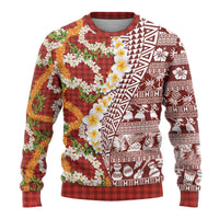 Hawaiian Plumeria Lei Ugly Christmas Sweater Kakau Motifs and Palaka Half Style Red Color LT03 - Polynesian Pride