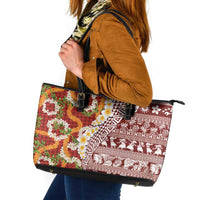 Hawaiian Plumeria Lei Leather Tote Bag Kakau Motifs and Palaka Half Style Red Color LT03 Red - Polynesian Pride