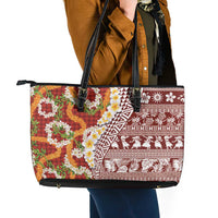 Hawaiian Plumeria Lei Leather Tote Bag Kakau Motifs and Palaka Half Style Red Color LT03 - Polynesian Pride