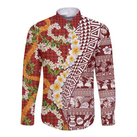 Hawaiian Plumeria Lei Long Sleeve Button Shirt Kakau Motifs and Palaka Half Style Red Color LT03 Unisex Red - Polynesian Pride