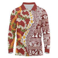 Hawaiian Plumeria Lei Long Sleeve Polo Shirt Kakau Motifs and Palaka Half Style Red Color LT03 Red - Polynesian Pride