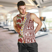 Hawaiian Plumeria Lei Men Tank Top Kakau Motifs and Palaka Half Style Red Color LT03 Red - Polynesian Pride